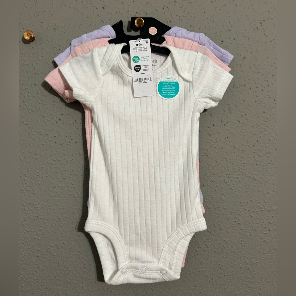 Carter's Ribbed Cotton Bodysuit Set - White, Pink, Lavender. Set of 3. NWT.
